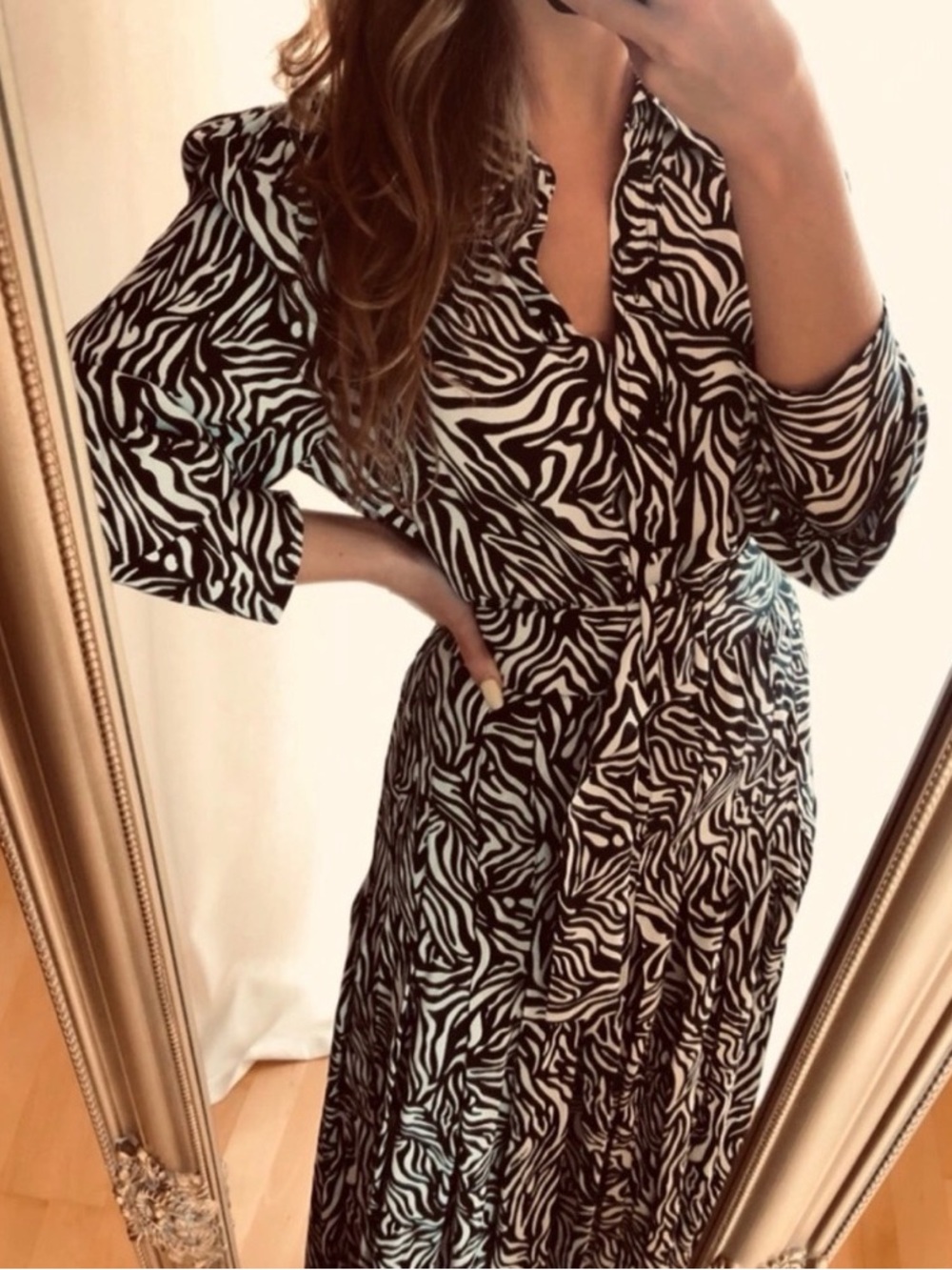 (A7) Zara Zebra Print Midi Dress XS Black White Long Sleeve‎ Flowy Animal Print